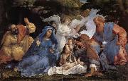 L'Adoration de l'Enfant Jesus avec la Vierge Marie et joseph,Elisabeth et Joachim et trois anges, Lorenzo Lotto